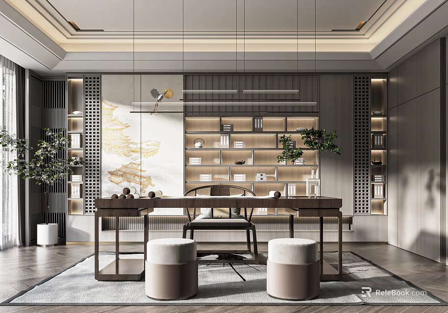 Modern Study Room Interior Design With Wooden Bookshelves Writing Desk And Green Plants 3d model 