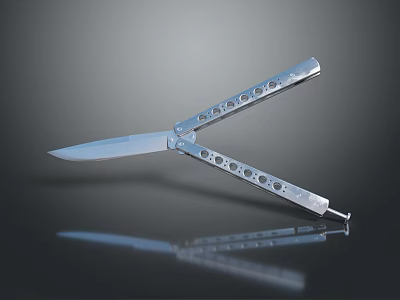 Balisong Knife With Silver Metal Body Hollowed Out Design Sharp Blade And Shiny Surface Reflection 3d model