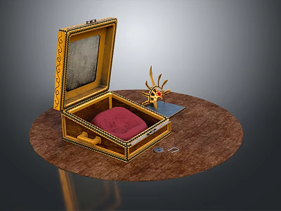 Open Golden Box With Red Cushion And Sun Shaped Ornament Decor Set On Round Tabletop 3d model