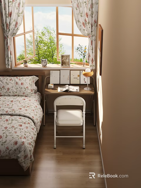 Cozy Bedroom Decorative Items Set On Wooden Desk With Lamp Books And Plants 3d model 