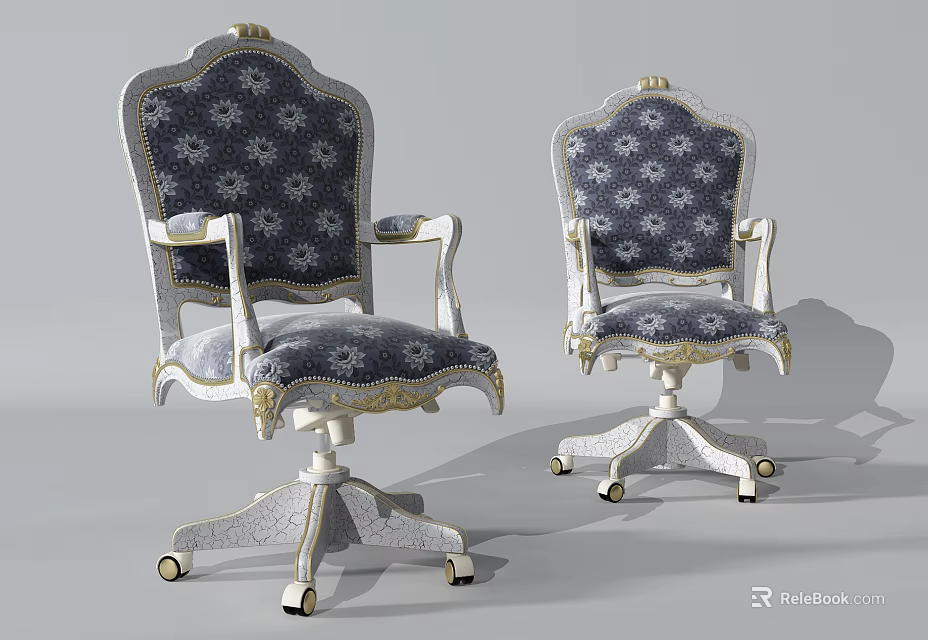 Elegant Office Chairs With Patterned Upholstery White Frame Gold Accents On Wheels 3d model 