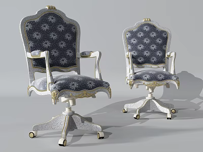 Elegant Office Chairs With Patterned Upholstery White Frame Gold Accents On Wheels 3d model