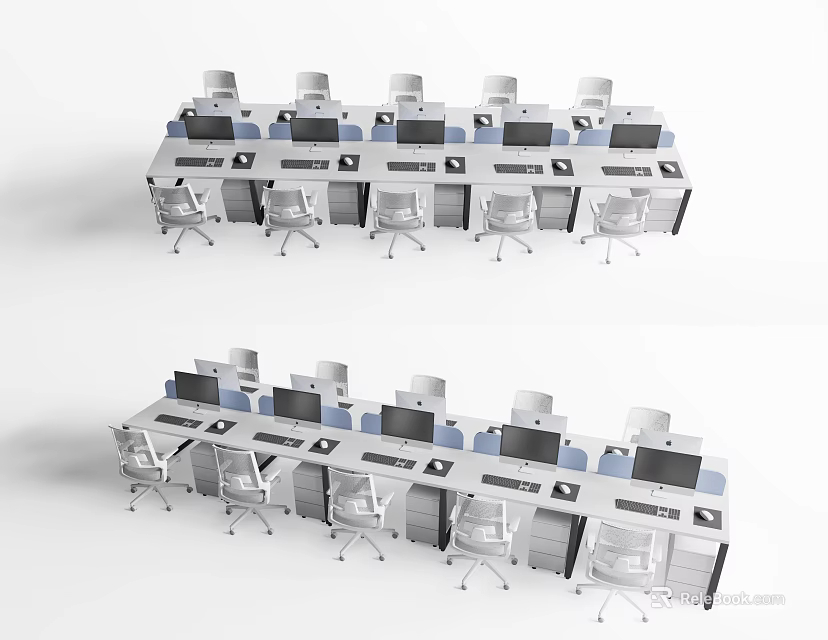 Modern Office Workstation Desks With Multiple Computers And White Chairs Setup 3d model