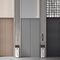 Modern Elevator Lobby Interior With Three Elevator Doors Vertical Slat Walls And Trash Bins 3d model