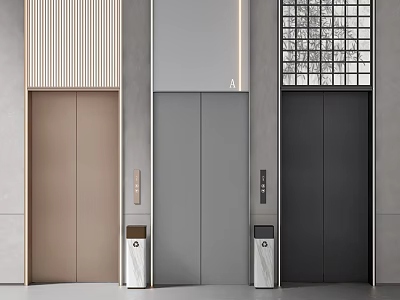 Modern Elevator Lobby Interior With Three Elevator Doors Vertical Slat Walls And Trash Bins 3d model