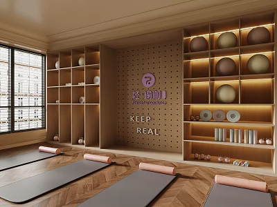 Authentic Yoga Studio Interior With Yoga Mats Exercise Balls And Wooden Shelves 3d model
