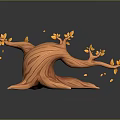 Cartoon Scene with Textured Orange Tree Stump Branches Falling Yellow Leaves Roots Dark Background Reflection