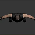 Man In Black Ninja Costume With Arms Outstretched On Gray Background