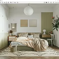 Cozy Bedroom Interior With Green Paneled Walls Round Pendant Light Artwork Pillows And Throw Blanket