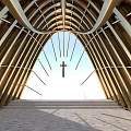 Religious Space In Church With Cross And Wooden Architectural Structure