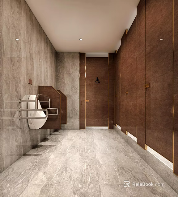 Public Restroom With Modern Design Marble Walls Brown Stalls And Accessible Facilities 3d model 