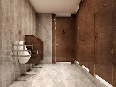 Public Restroom With Modern Design Marble Walls Brown Stalls And Accessible Facilities 3d model