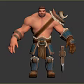 Muscular Male Character With Red Hair Shirtless Torso Blue Bracers Brown Belt And Ornate Weapon