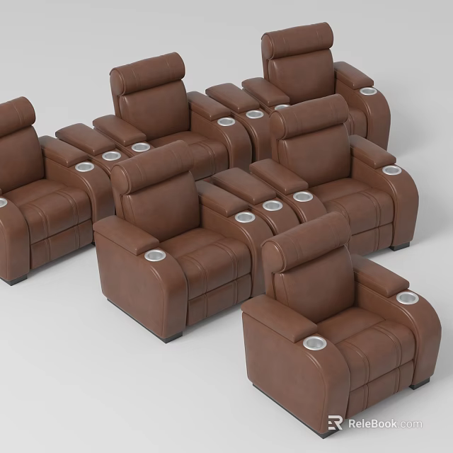 Brown Leather Single Sofa With Built in Cup Holders Arranged in Multiple Units 3d model 