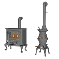 Modern Metal Fireplaces With Glass Door And Tall Chimney Featuring Burning Fire 3d model