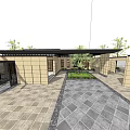 Modern Sales Office Building With Beige Wall Black Roof And Trees In Paved Courtyard