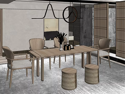 Modern Wooden Tea Table And Chairs With Wicker Stools Hanging Lights And Screen Partitions 3d model