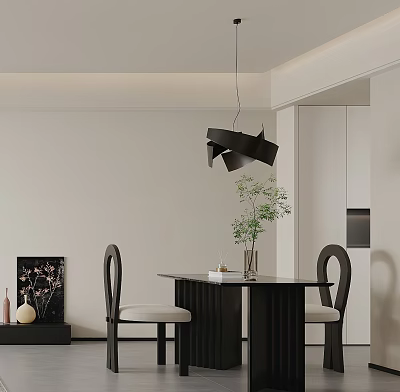 Elegant Modern Living Room Interior With Black Pendant Light Dining Table And Green Plant 3d model