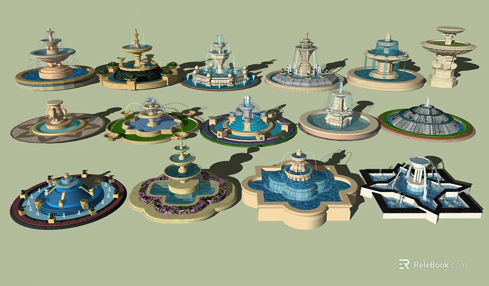 Assorted Decorative Fountains with Various Ornate Designs and Details for Outdoor Spaces 3d model 