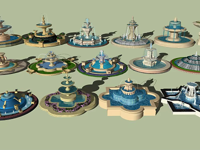 Assorted Decorative Fountains with Various Ornate Designs and Details for Outdoor Spaces 3d model