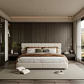 Modern Bedroom Interior Design With Wooden Wall White Bed Pillows And Floor to Ceiling Windows