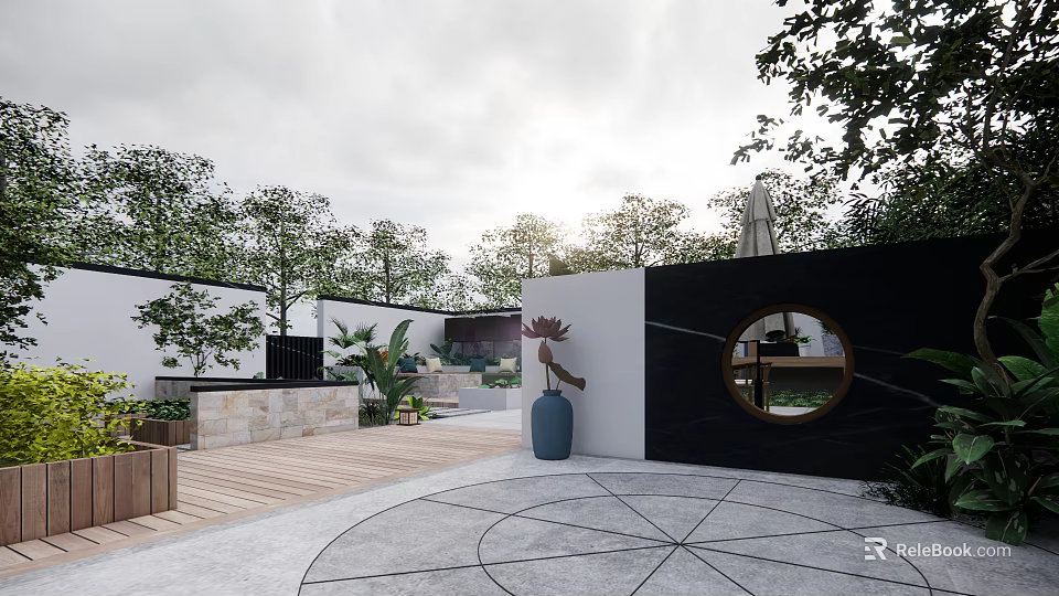 Modern Garden Landscape With Wooden Deck Stone Wall Circular Mirror Green Plants And Geometric Pavement 3d model 