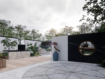 Modern Garden Landscape With Wooden Deck Stone Wall Circular Mirror Green Plants And Geometric Pavement 3d model