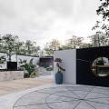 Modern Garden Landscape With Wooden Deck Stone Wall Circular Mirror Green Plants And Geometric Pavement