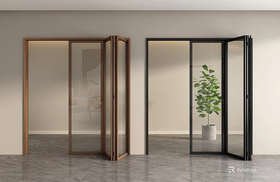 Modern Interior Folding Doors With Brown Black Frames And Glass Panels 3d model 
