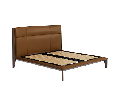 Modern Double Bed With Brown Leather Headboard And Wooden Frame Slatted Base 3d model