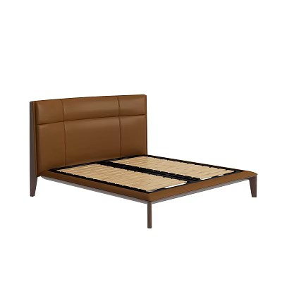 Modern Double Bed With Brown Leather Headboard And Wooden Frame Slatted Base 3d model