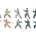 People Practicing Tai Chi With Various Stances And Traditional Clothing