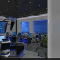 High Tech Control Room With Multiple Monitors Control Desk Blue Lighting And Office Chairs 3d model