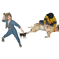 Playful Scene Of Dancing Girl In Blue Denim With Person And Two Dogs