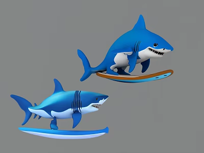 Cute Playful Blue Cartoon Shark Aquatic Characters Riding Surfboards 3d model Cute Playful Blue Cartoon Shark Aquatic Characters Riding Surfboards 3d model