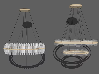 Modern Chandelier Design Featuring Wooden Top Black Suspension Cords White Vertical Strips And Circular Rings 3d model