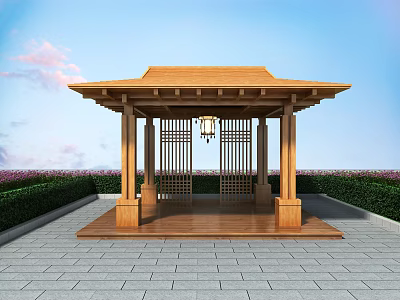 Traditional Wooden Pavilion With Lattice Doors Hanging Lantern And Green Plants Under Blue Sky 3d model