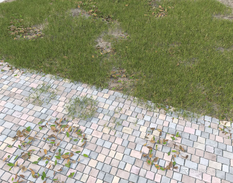 Lush Green Grass With Bare Spots Along Brick Pavement And Fallen Leaves 3d model 