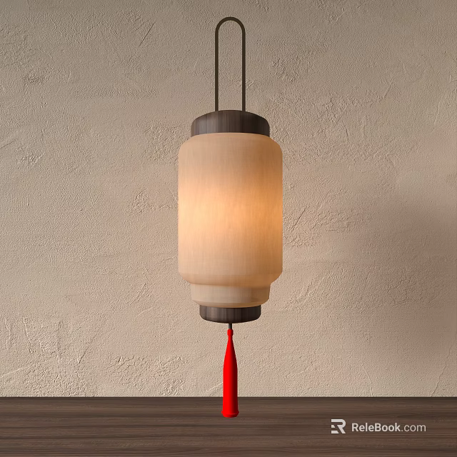 Traditional Chinese Lantern With Wooden Frame White Shade And Red Tassel Hanging On Wall 3d model 