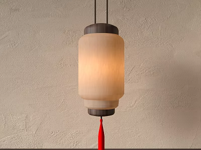 Traditional Chinese Lantern With Wooden Frame White Shade And Red Tassel Hanging On Wall 3d model