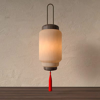 Traditional Chinese Lantern With Wooden Frame White Shade And Red Tassel Hanging On Wall 3d model
