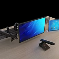 Dual Monitors Setup With Adjustable Arm On Wooden Desk And Microphone