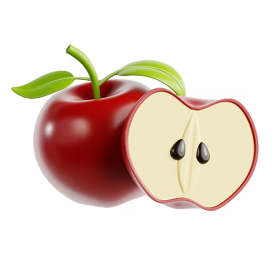 Fresh Red Apple Featuring Whole Fruit And Sliced Half With Green Leaves 3d model