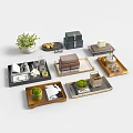 Elegant Decorative Ornament Set With Green Plants Boxes Cups And Books On Wooden Trays