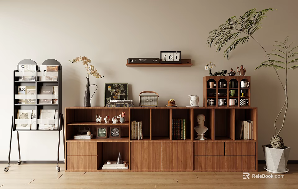 Modern Wooden Bookcase Design With Multiple Compartments Books Decorative Ornaments And Small Figurines 3d model 