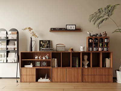 Modern Wooden Bookcase Design With Multiple Compartments Books Decorative Ornaments And Small Figurines 3d model