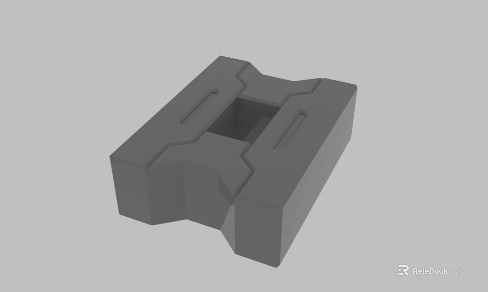 Gray Block Shaped 3D Mechanical Part With Square Hole and Geometric Slots 3d model