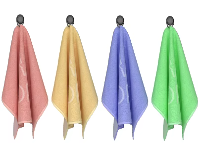 Four Colorful Towels Hanging on Hooks in Assorted Pink Yellow Blue Green 3d model