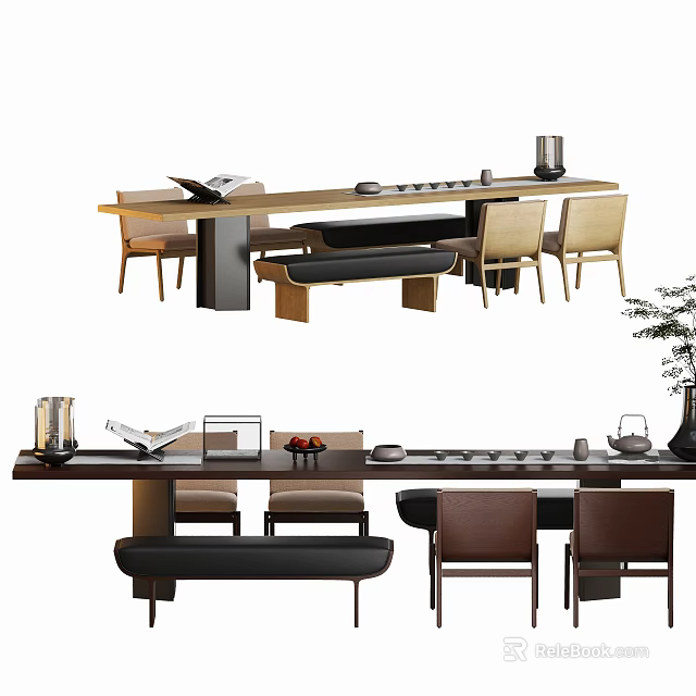 Modern Tea Table and Chairs with Wooden Top Bench Books and Tea Accessories 3d model 