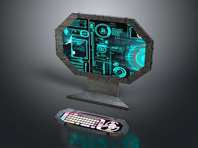 Futuristic Octagonal Console With Blue Glowing Interface And Keyboard Device 3d model